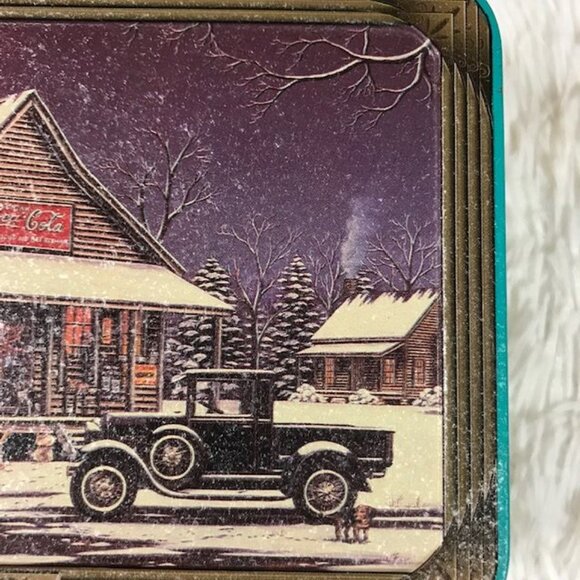 Vintage Coca-Cola Teal Nostalgia Winter Cars at Convenience Store Hinged Top Tin - Picture 5 of 15